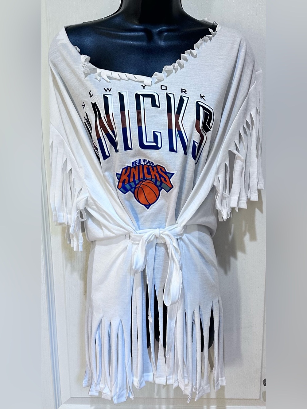 Upcycled rip Off-Shoulder Knicks Fringe Tie-Waist Top size L- 2X. - Picture 2 of 4